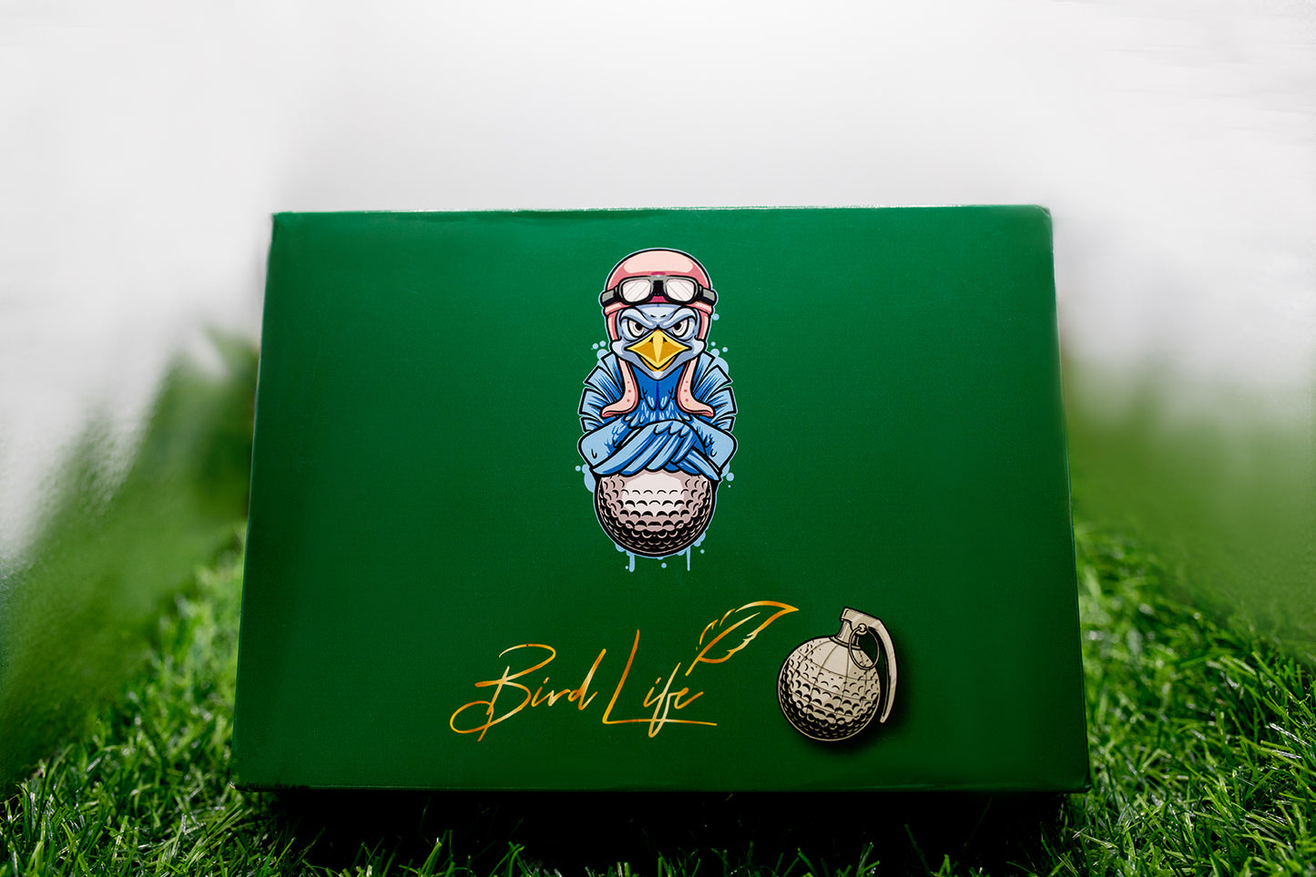 Green Golf ball box with Bird Logo, and Bird Life Brand. 